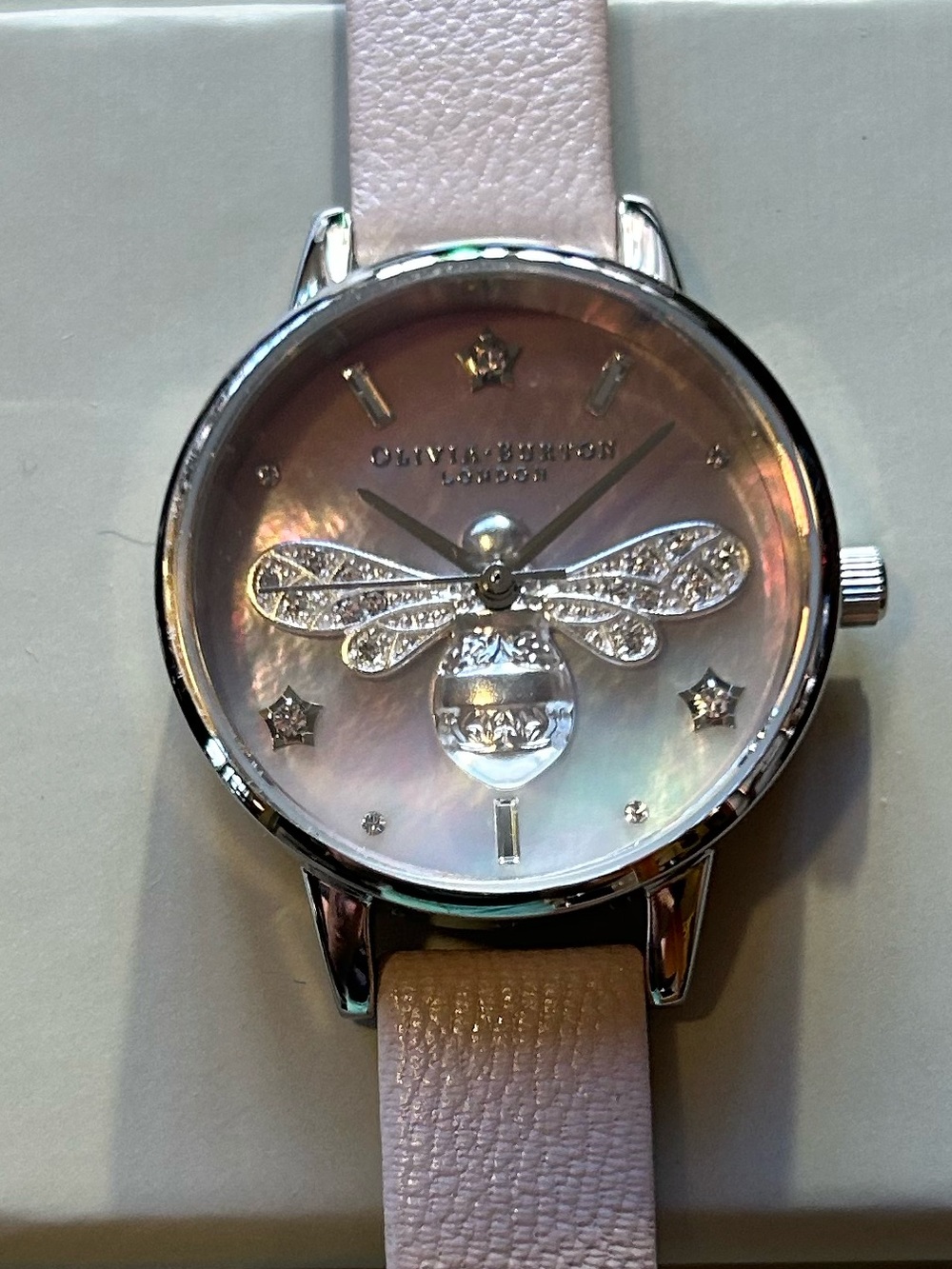 Olivia Burton Bejeweled Watch with 30mm Pink & White Pearl Face & Silver 3D Bee